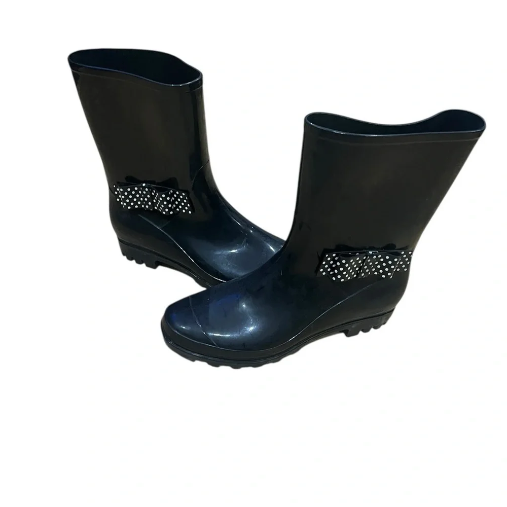 Black Rain Boots with Black and White Polka Dot Bow